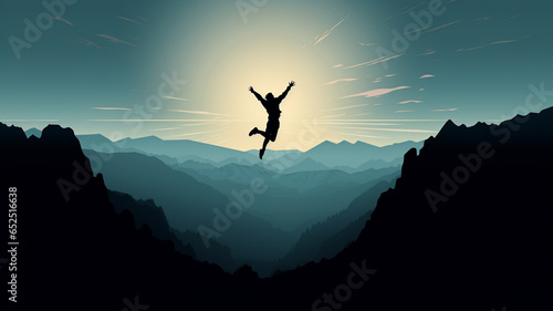 silhouette of mountain climber with a backpack and a cliff. concept of sport, adventure and active life