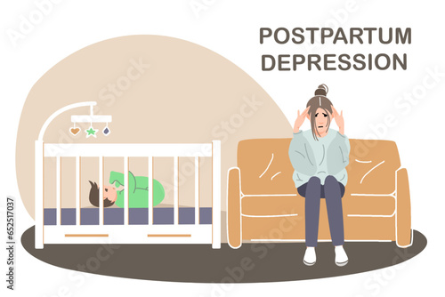 Postpartum depression. Tired woman is sitting on the sofa near the cradle with a newborn baby. Young mother needs psychological help. Mental health concept. Vector illustration in flat cartoon style. 