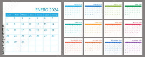 Spanish vector calendar planner 2024, schedule month calender, organizer template. Week starts on Monday. Business personal page. Modern simple illustration