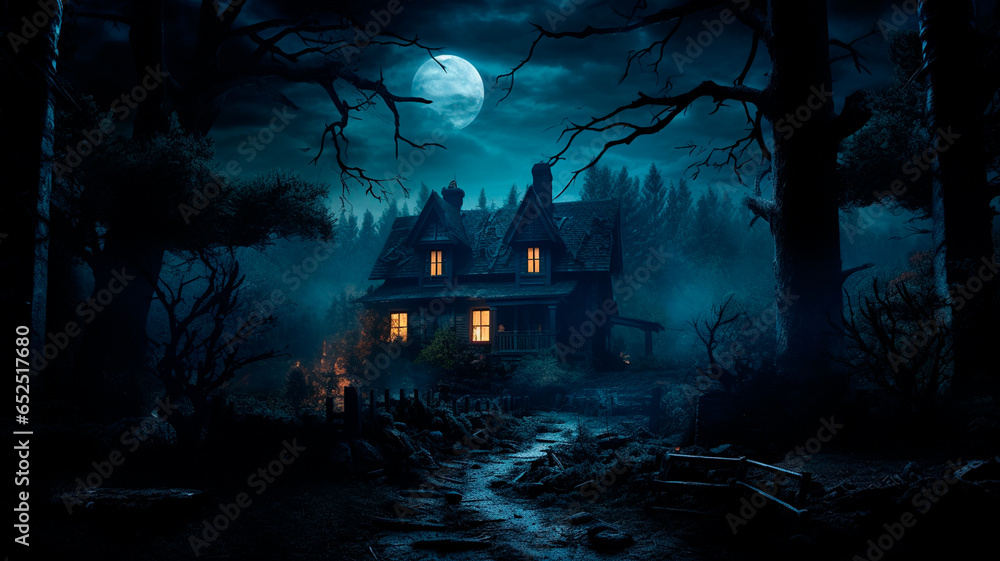 spooky house with scary halloween night.