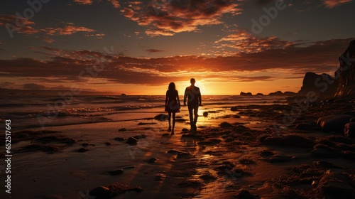 A couple stands hand in hand on a beach at sunset, their silhouettes against the orange sky, waves gently lapping at the shore, and cliffs in the distance. © DigitalArt