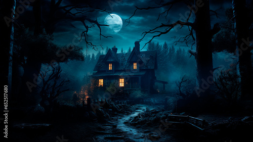 spooky house with scary halloween night.