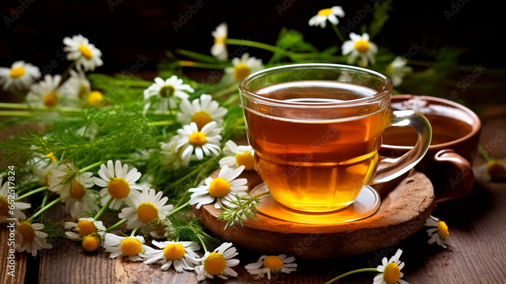 cup of tea with chamomile on wooden background. herbal medicine cup of tea with chamomile on wooden background. herbal medicine