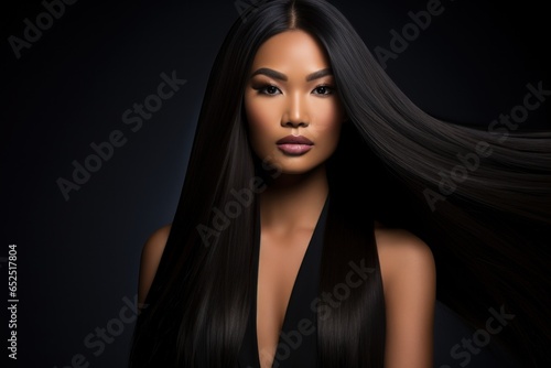 Asian woman with long strait hair, advertising black background