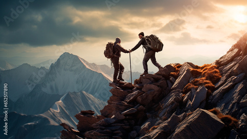 young couple of hikers with backpacks on top of each other in the mountains on a sunset