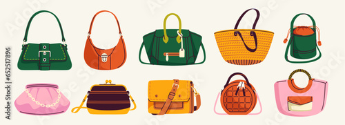 Designer bags set. Colorful variation of trendy female clutche and pouche, hobo and beach bag, handbag and shopper, tote and cross body. Cartoon flat vector collection isolated on white background