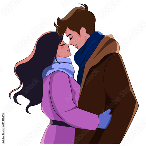 young couple holding each other romantically in winter