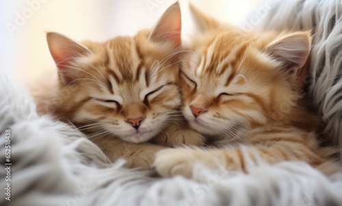Two kittens hugging and sleeping on a light blanket