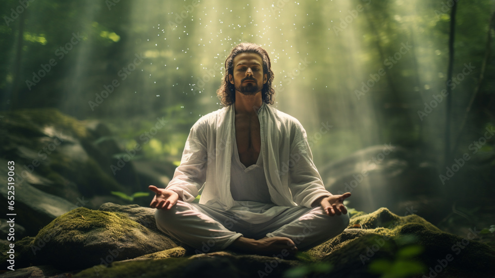 young man meditating in the forest - obrazy, fototapety, plakaty 