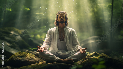 young man meditating in the forest
