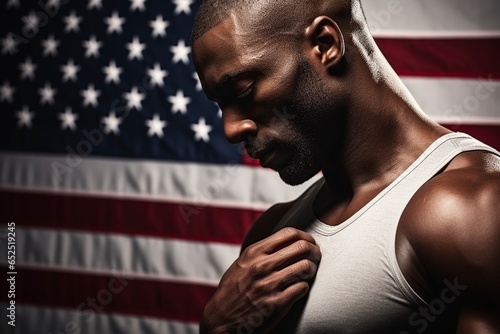 shirtless muscular man with american flag on black background