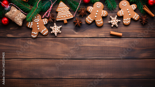 Christmas background. Wooden table top, elegantly framed with an intricate composition of Christmas decorations, gingerbread cookies and accessories girdling the edges.