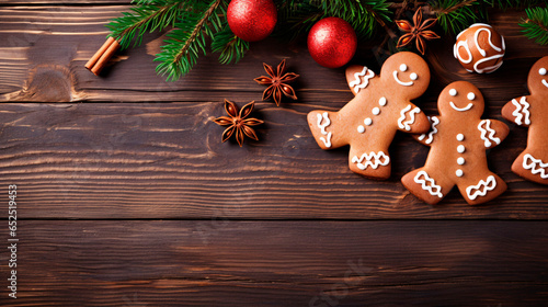 Christmas background. Wooden table top, elegantly framed with an intricate composition of Christmas decorations, gingerbread cookies and accessories girdling the edges.