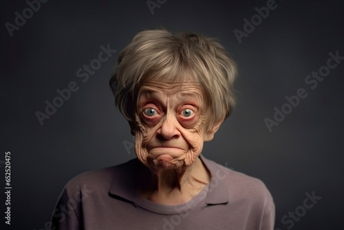 old woman squinting and grimacing in front of the camera in the studio