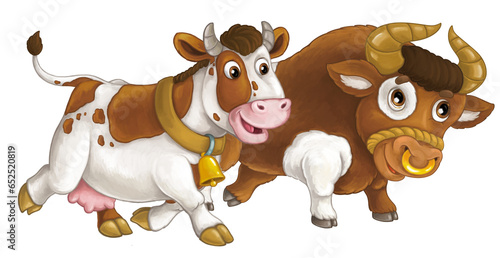 cartoon scene with happy farm animal cow and bul looking and smiling having fun together isolated illustration for children