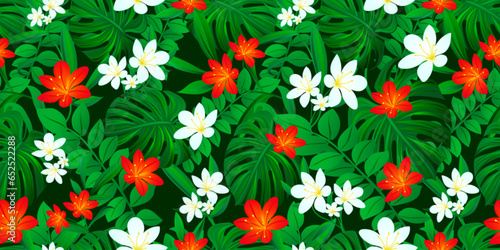 Hawaiian flowers repeat background. Tropical rainforest vector illustration. Hibiscus floral seamless pattern with exotic tropic palms leaves, monstera plants. Summer colorful wallpaper.