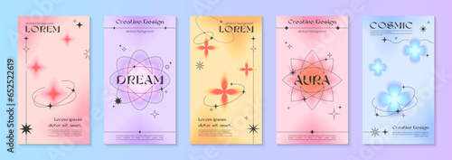 Vector insta story gradient templates with linear shapes,blurred sparkles,copy space for text in 90s style.Smm banners in y2k aesthetic.Trendy designs for social media marketing,branding,packaging