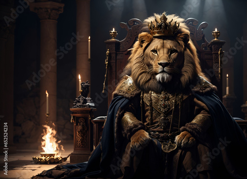 Fantasy image of a lion sitting as a king on a throne, in antient stone chamber, wearing kings wardrobe and crown. Candlelight in the background. King of  jungle concept. Animal rescue and protection.