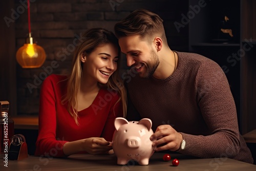happy couple inserting coins into piggy bank