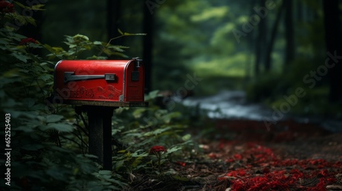 red post box in the forest ai generated