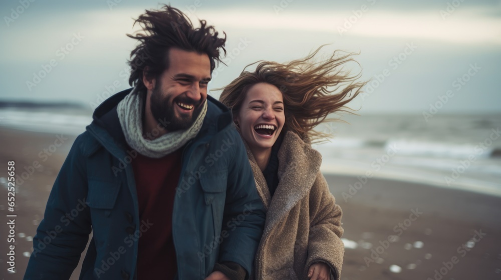 Happy young couple at the beach during the winter