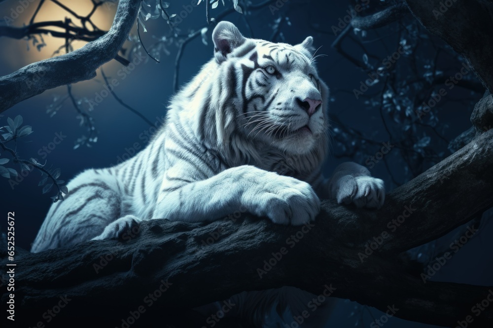 Φωτογραφία Photorealistic Illustration of Majestic White Tiger Laying on a Branch of a Tree at Night
