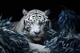 Photorealistic Illustration of Majestic White Tiger Laying in a Bush at Night Ready to Ambush. Generative AI.