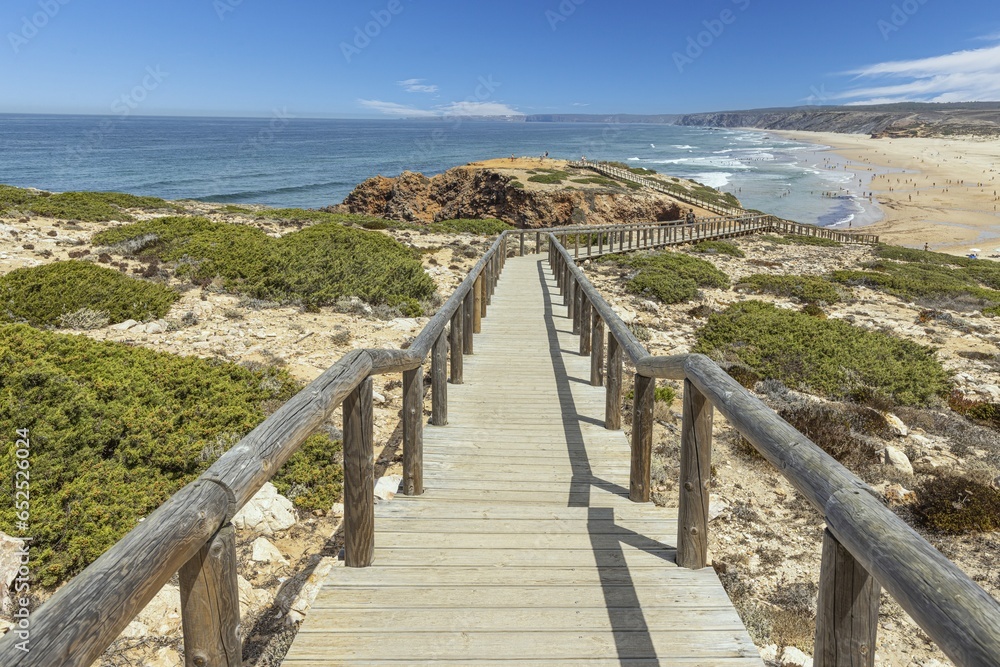 Panoramic image over Bordeiras Beach surf spot on the Atlantic coast of Portugal during the day