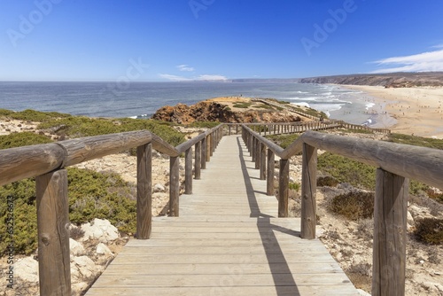 Panoramic image over Bordeiras Beach surf spot on the Atlantic coast of Portugal during the day