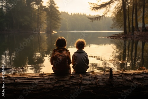 Children sitting on a log on lake shore