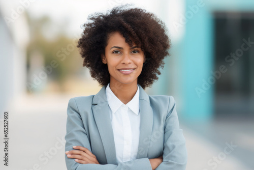 Professional african american business woman with afro hairstyle outdoors