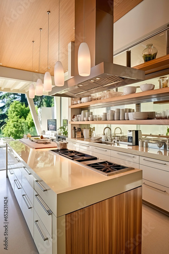 Modern stylish kitchen with a kitchen island, in beige tones.
