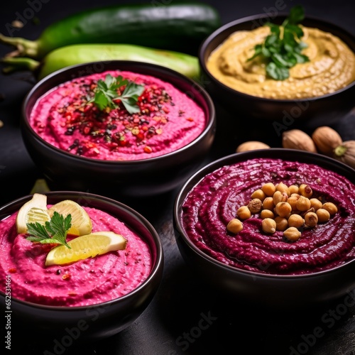 Stunning 9 mm lens captures three types of beautiful hummus cups photo