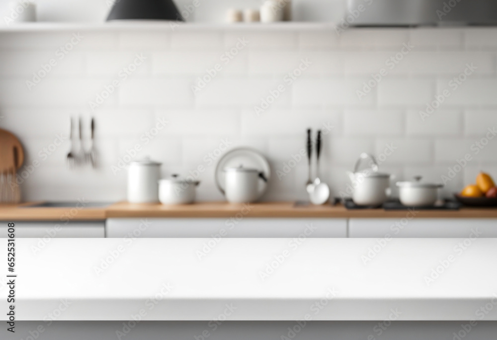 White empty kitchen table in front, blurred modern interior background. Blank bar counter surface in home. Clear cooking platform, generated by AI White empty kitchen table in front, blurred modern interior background. Blank bar counter surface in home. Clear cooking platform, generated by AI