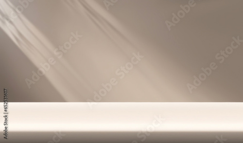Wallpaper Mural Empty white shelf, horizontal background. Minimalist table top with empty space, front view. Blank pedestal for presentation product, blurred sunlight and shadow on wall background. Generated by AI Torontodigital.ca