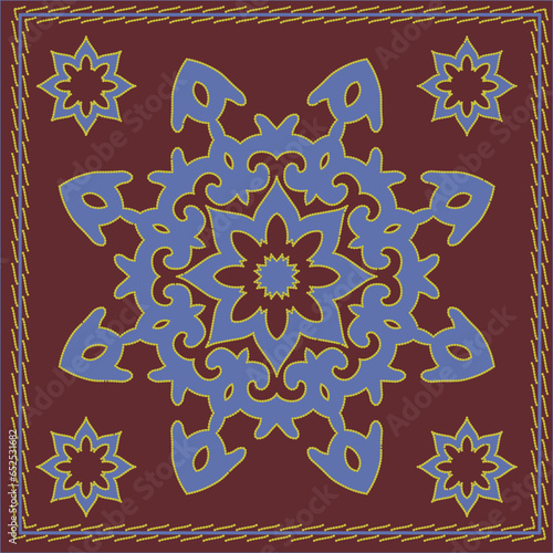 Square pattern, workpiece for your design. Ornamental elements and motifs of Kazakh, Kyrgyz, Uzbek, national Asian decor for plate, textile and print design. Circle frame. Vector. 
