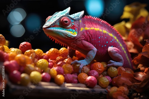 Chameleon on a background of multi-colored dragee candies. Candy store  breakfast cereal
