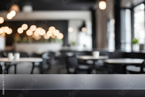 Empty black table top in front, blurred cafe background. Bar counter in focus, defocused restaurant interior. Blank desk, front view, close up. Generated by AI