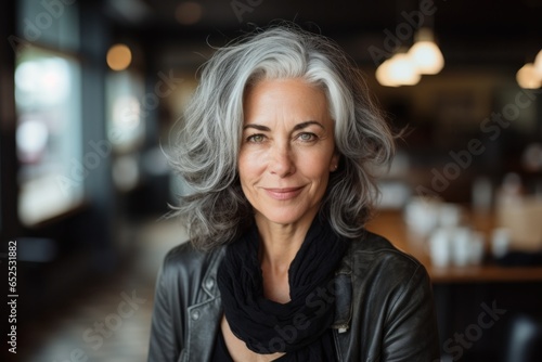 Happy mature gray haired woman face portrait. Beautiful mid age caucasian woman model, blurred restaurant background. Aged lady lifestyle, generated by AI