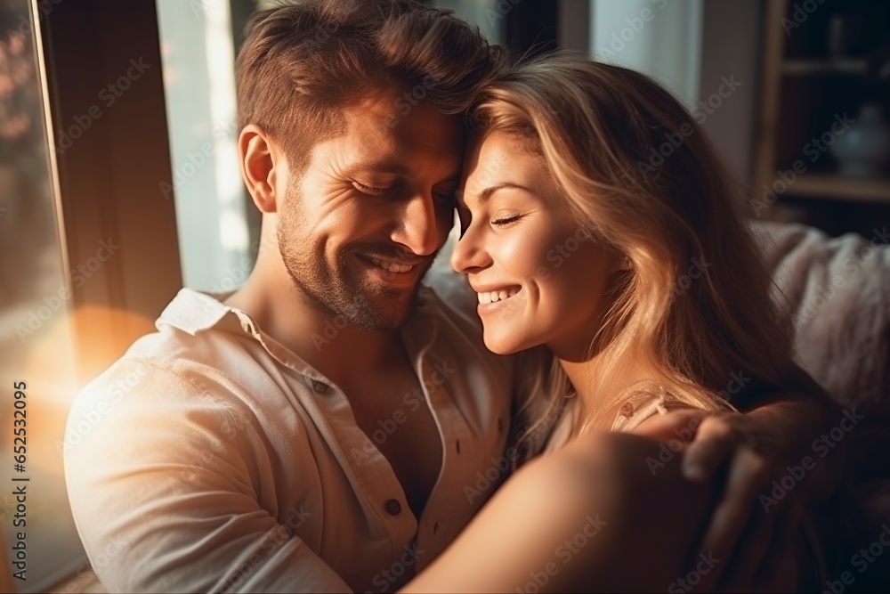 couple happy and talking on the sofa at home with a smile couple happy and talking on the sofa at home with a smile