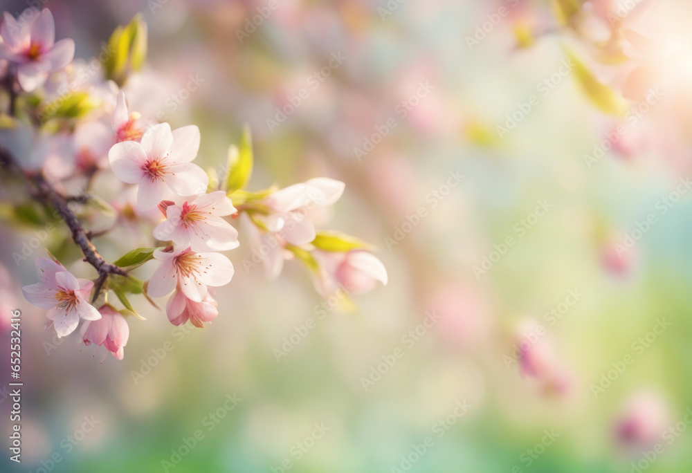 Pink cherry blossom background. Blurred sakura tree branch banner. Spring beautiful landscape, generated by AI Pink cherry blossom background. Blurred sakura tree branch banner. Spring beautiful landscape, generated by AI