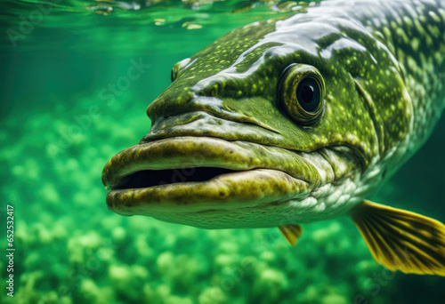 Wild pike face, underwater view. Big freshwater fish look at camera. Fishing banner generated by AI © SD Danver