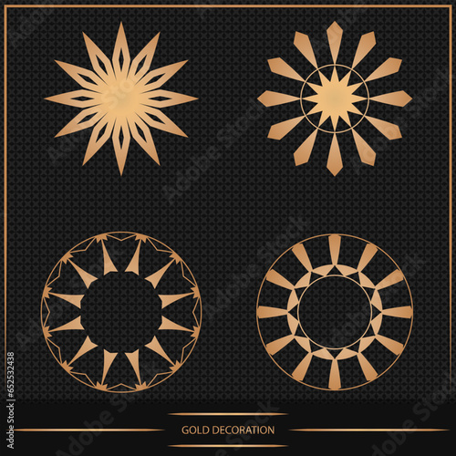 Set of 4 Luxury ornamental element design and frame gold color on black background. Design template for wallpaper. Isolated ornament. Vector Illustration. 