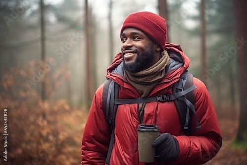 black man walking through the forest with a backpack