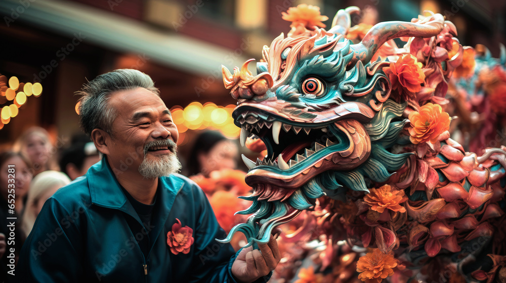 Man touching a Chinese dragon at the spring festival. Generative AI Man touching a Chinese dragon at the spring festival. Generative AI