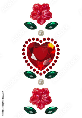 Isolated romantic stickers for Valentine's Day: red crystal heart, flowers, pearls and rhinestones. Greeting card. Love and romantic concept.