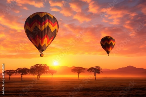 Elegantly silhouetted against the vibrant palette of sunrise, a family of noble lineage revels in harmonious splendor, their hot air balloon mirroring the sumptuous grace of their existence,