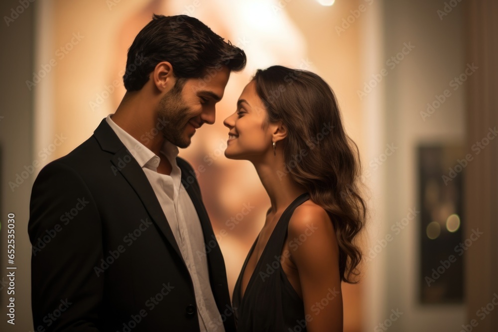 A captivating couple, their enigmatic presence illuminated by the soft glow of gallery spotlights, engaged in intimate conversation amidst a backdrop of captivating photography. - obrazy, fototapety, plakaty 