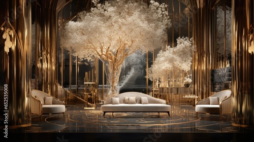 Step into an ethereal realm of luxury as you enter this meticulously designed hotel suite, where mirrored walls reflect a symphony of crystal and gold, while velvet and silk textiles invite