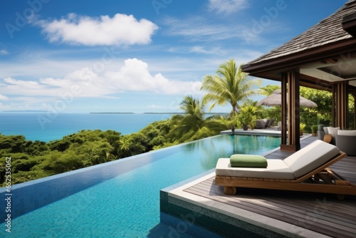 Nestled amidst a lush tropical oasis, an elegantly crafted infinity pool stretches towards the horizon, its glistening turquoise waters seemingly merging with the boundless sky. © Justlight